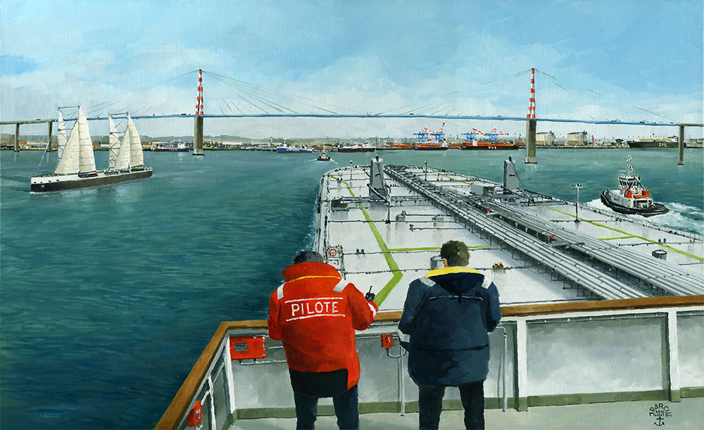 H-21.024 - Arrivée d'un pétrolier à St-Nazaire. Huile sur toile 61x38 cm. Col. Particulière