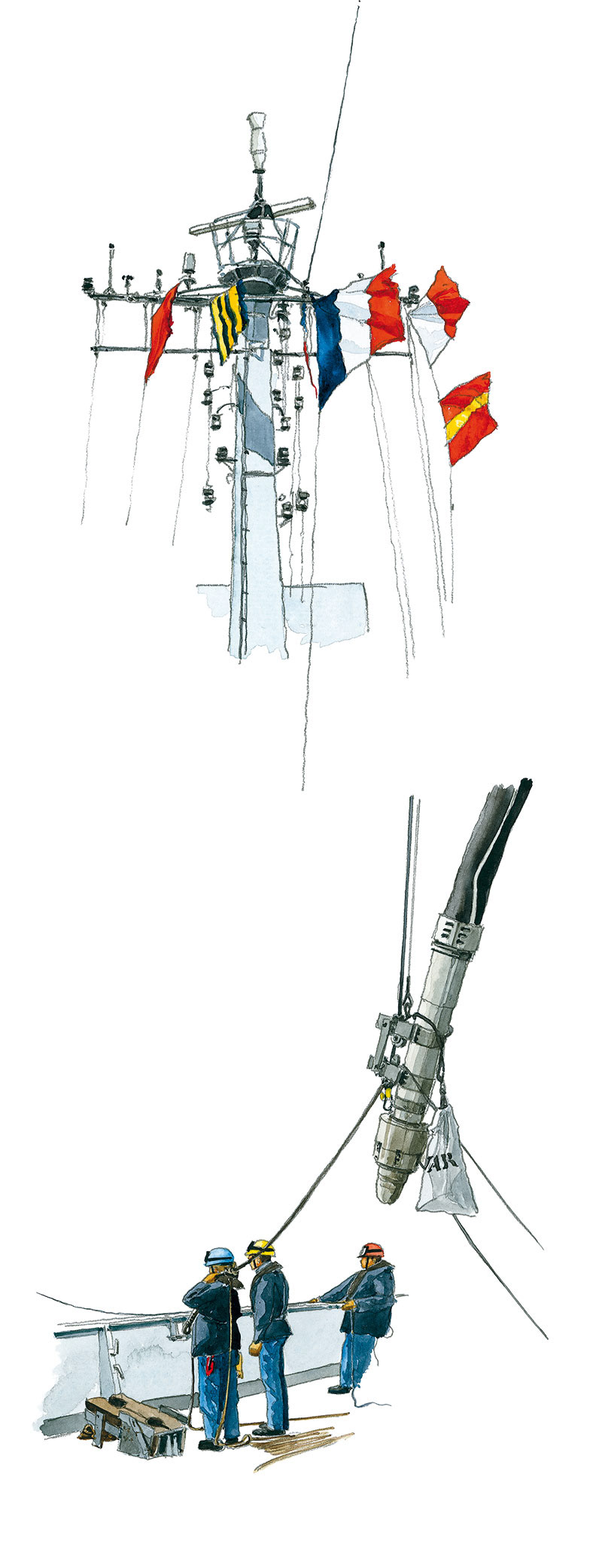 Réf. A-14.005 - Les pavillons d'un RAM et le probe sur le Var. Aquarelle 16x42 cm - Col. Particulière