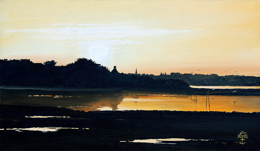 Réf. H-25.007 - Lever de soleil à Brouel. Ile aux Moines. Huile sur toile 46x27 cm. 700 €