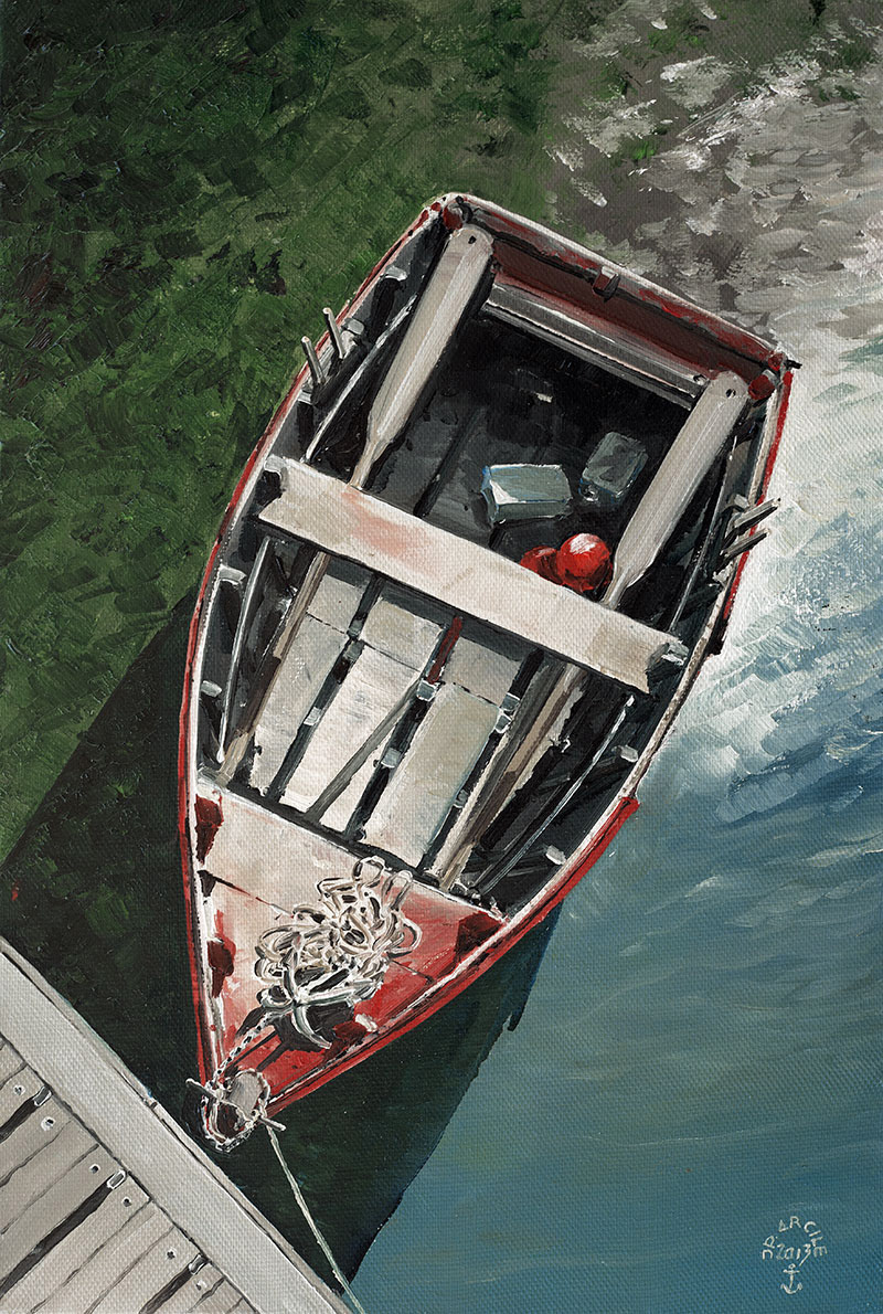 Réf. H-13.029 - La plate rouge au ponton. Huile sur toile 24x35 cm - Col. Particulière