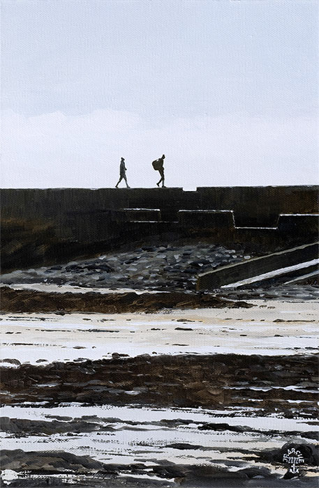 Réf. H-22.022 - La promenade sur la digue de Rock Piguet, île de Sein. Huile sur toile 27x41 cm - 650 €