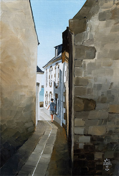 Réf. H-22.035 - Rue St-Génolé. Echappée sur le quai des Français Libres, île de Sein. Huile sur toile 24x35 cm - 450 €