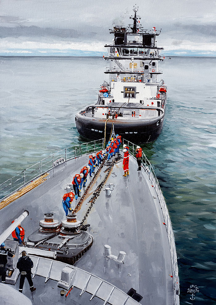 Réf. H-13.066 -Exercice de prise de remorque sur le "La Motte-Picquet" avec "l'Abeille Liberté" au large du Cotentin. Huile sur toile 33x46 cm - Col. Particulière