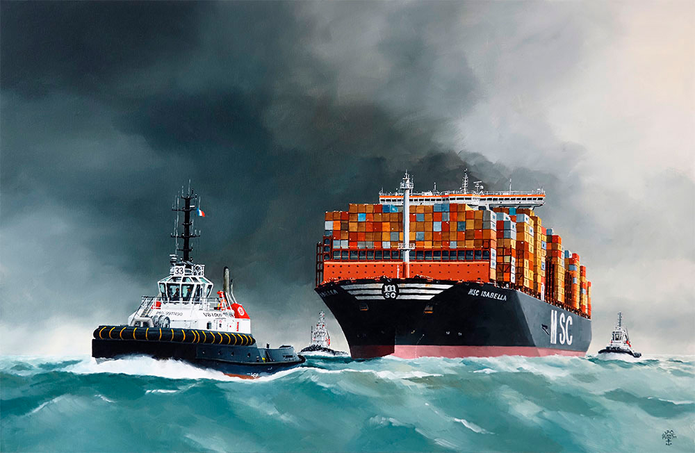 Réf. H-25.021 - Le"Loup", remorqueur Boluda au Havre et le "MSC Isabella". Huile sur toile 100x65 cm. Collection particulière