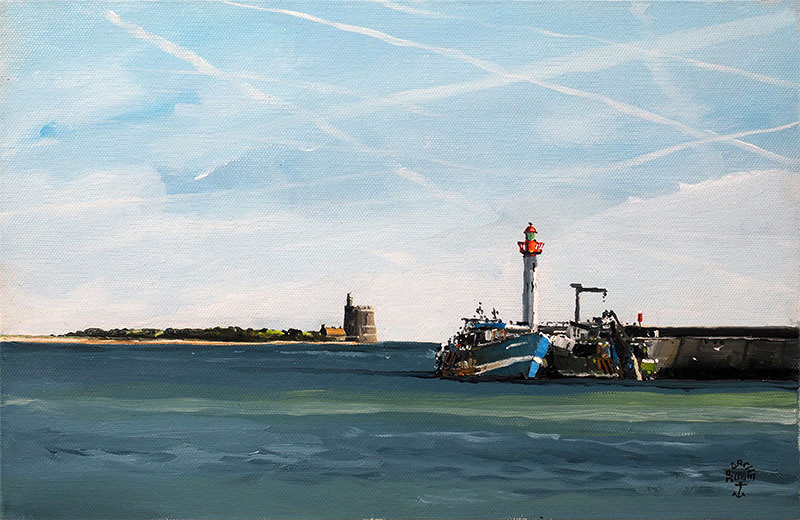 Réf. H-18.013 - La jetée de St-Vaast-la-Hougue et l'île Tatihou. Huile sur toile 41x27 cm