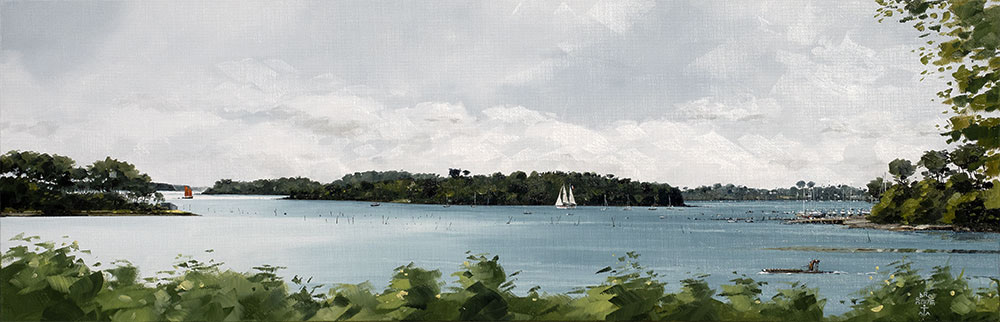 Réf. H-19.048 - Succession de vues du Golfe du Morbihan depuis la propriété De Barmon au Moustoir (Arradon). 90 x30 cm - Col. Particulière