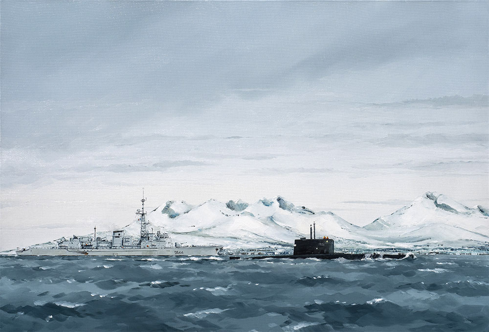 Réf. H-19.009 - Le Primauguet en exercice de lutte anti-sous-marine avec le sous-marin Norvégien Ured. Huile sur toile 75x50 cm. Col. particulière