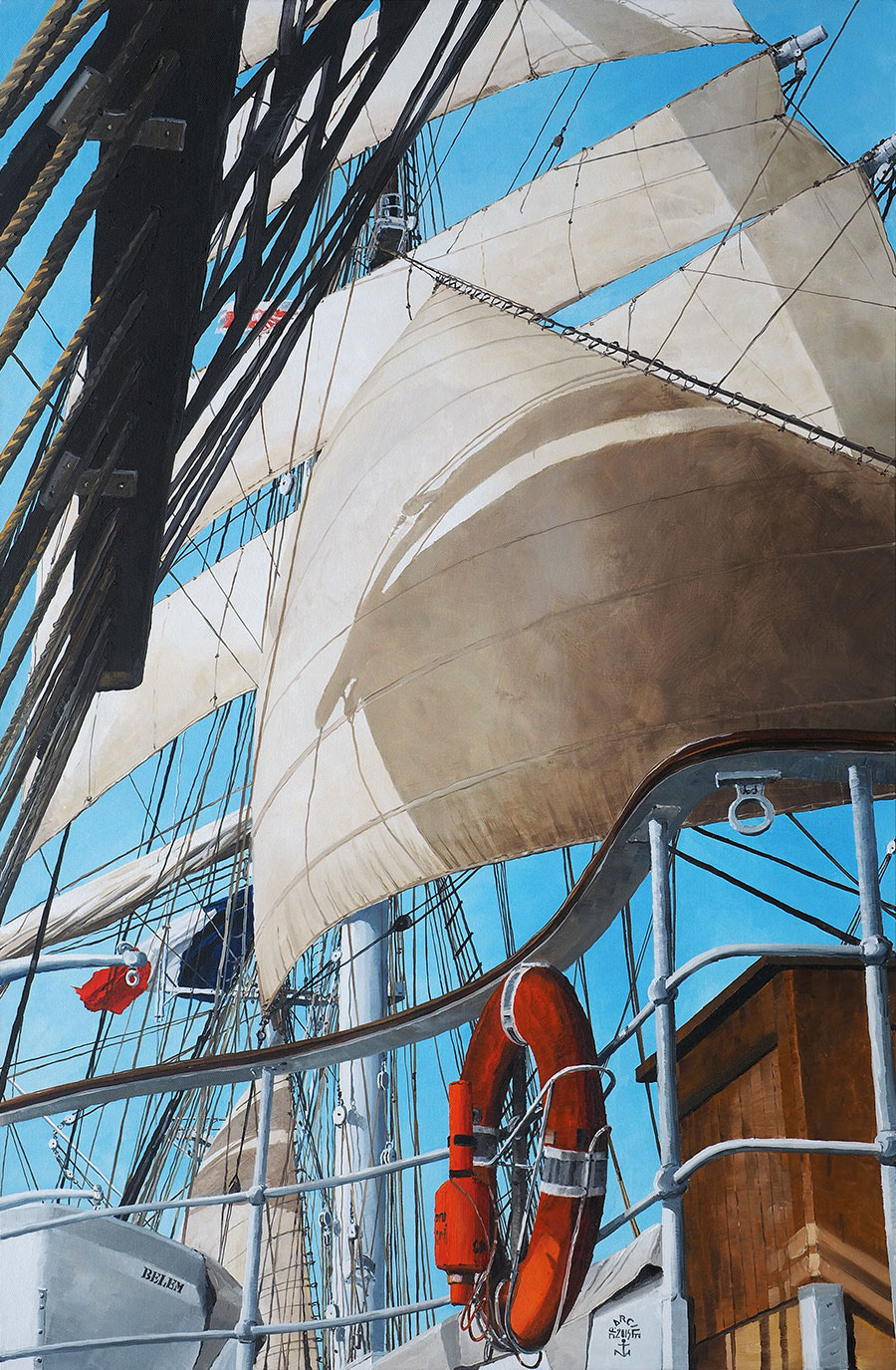 Pour le livre des 120 ans du Bélem - Réf. H-15.058 - A bord du Belem sous voiles. Huile sur toile 65x100 cm