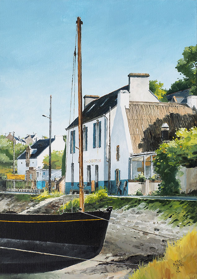 Réf. H-24.021 - Le misainier à l'abri dans l'anse du Lério. Île aux Moines. Huile sur toile 38x55 cm. 1100 €