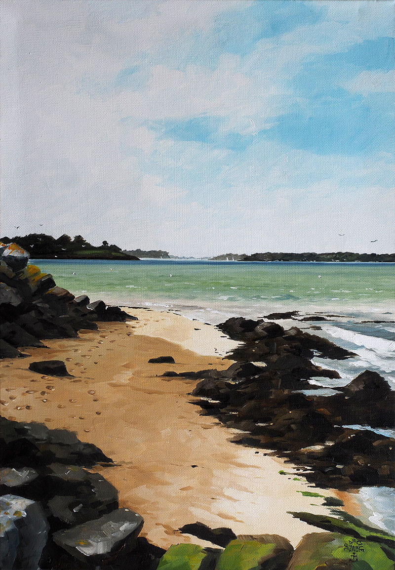 Réf. H-18.029 - La micro plage du Goret, Ile aux Moines. Huile sur toile 38x55 cm - Col. Particulière
