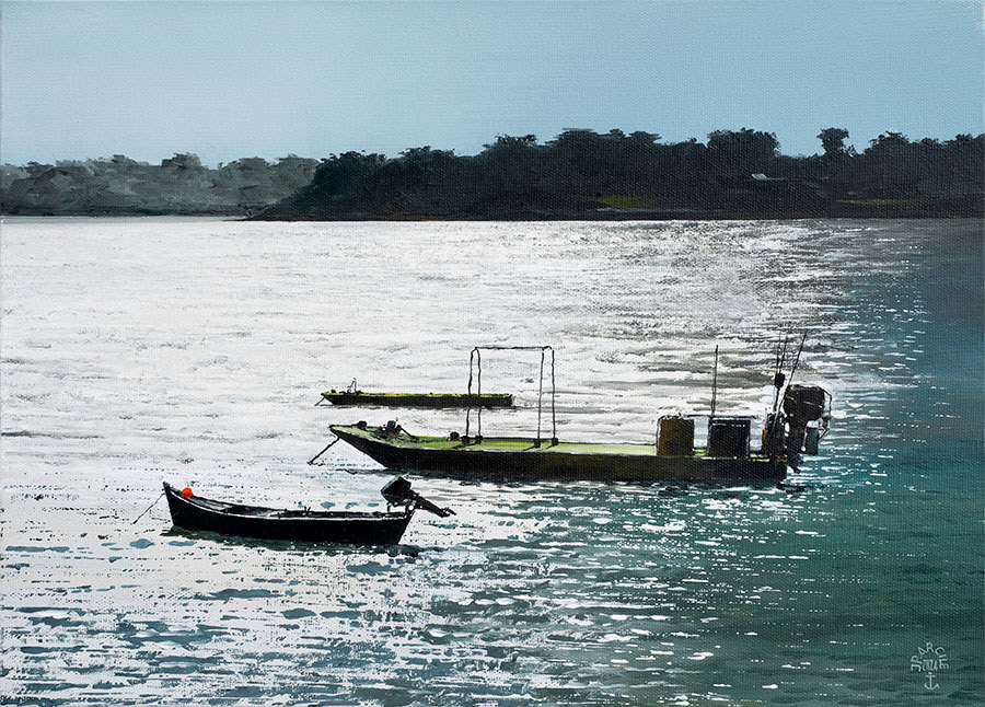 Réf. H-24.020 - Contre-jour sur le mouillage des barges ostréicoles. Île aux Moines. Huile sur toile 46x33 cm. Collection particulière