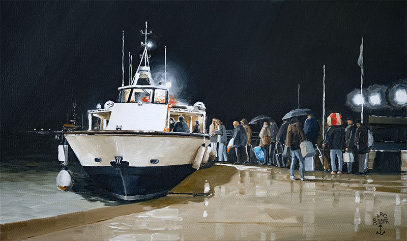 Réf. H-20.011 - Un embarquement d'hiver à Port-Blanc. Huile sur toile 46x27 cm - Col. Particulière