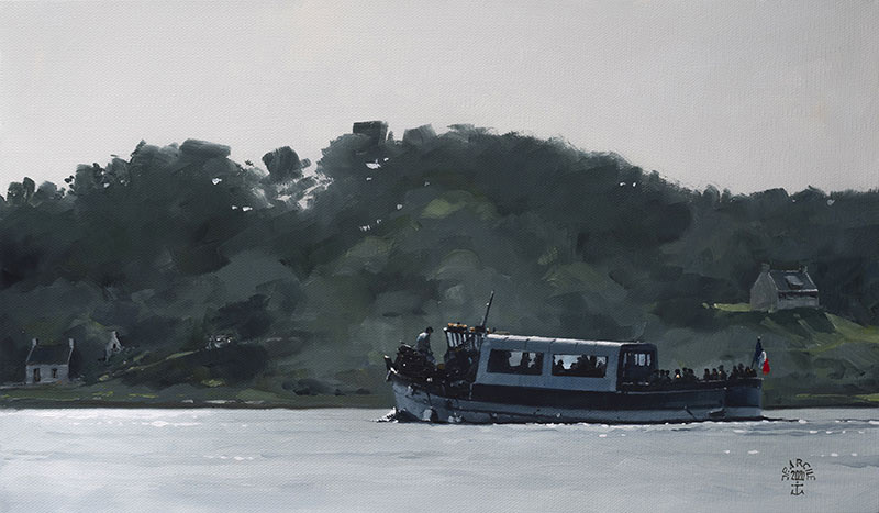 Réf. H-20.006 - La silouhaite familière de l"Île aux Moines" dans les années 80. Huile sur toile  46x27 cm - Col. Particulière