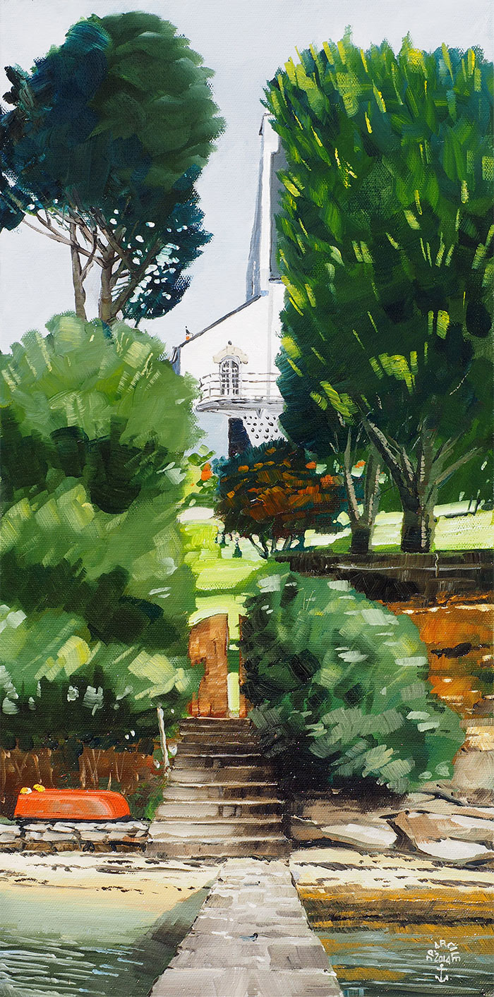 Réf. H-14.049 - La cale et la maison de "Pépé Renaud",Le Lério  Ile aux Moines. Huile sur toile 30x60 cm - Col. Particulière