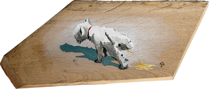 Réf. H-13.001 - Le chien qui pisse. Huile sur bois 30x18 cm env. - Col. Particulière