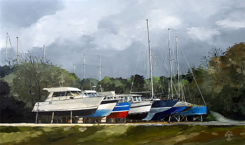 Réf. H-19.040 - Etraves d'hiver au Chantier du Guip, Ile aux Moines. Huile sur toile 55x33 cm - 850 €