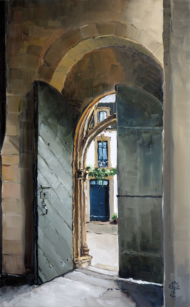 Réf. H-15.055 - Porte de la Collégiale Notre-Dame de Roscudon à Pont-Croix (Cap Sizun). Huile sur toile 38x61 cm