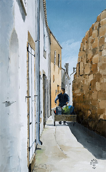 Réf. H-22.044 - La cariole dans les ruelles de l'île de Sein. Huile sur toile 22x35 cm - 450 €