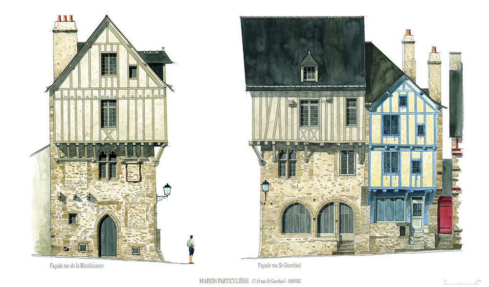 Réf. A-13.033 - Façades maison d'habitation rue St-Guenhael, Vannes. Dessin et aquarelle 40x65 cm - Col. Particulière