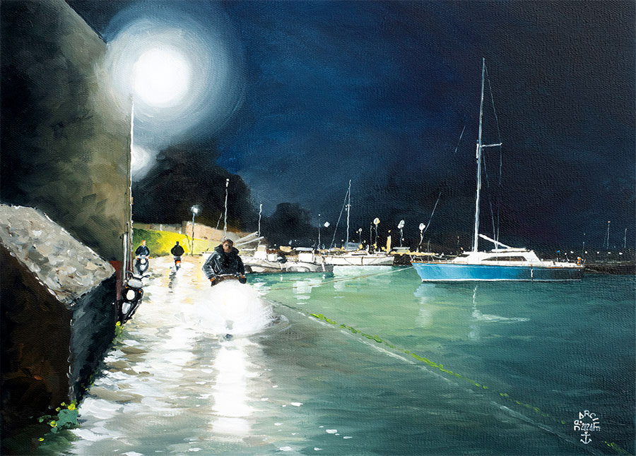 Réf. H-24.018 - Aquaplanning sur la route du port. Sur-cote du 28 oct. 2023. Île aux Moines. Huile sur toile 46x33 cm. 900 €