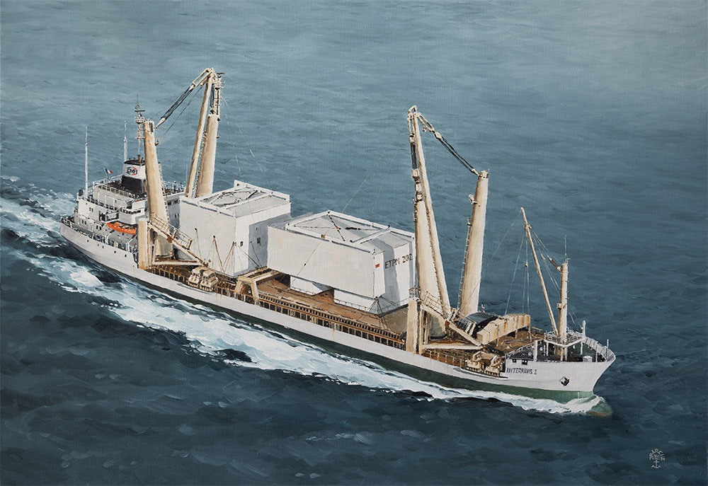 H-20.018 - L'"Internavis 1" au départ de marseille en 1976. Huile sur toile 73x50 cm - Col. Particulière