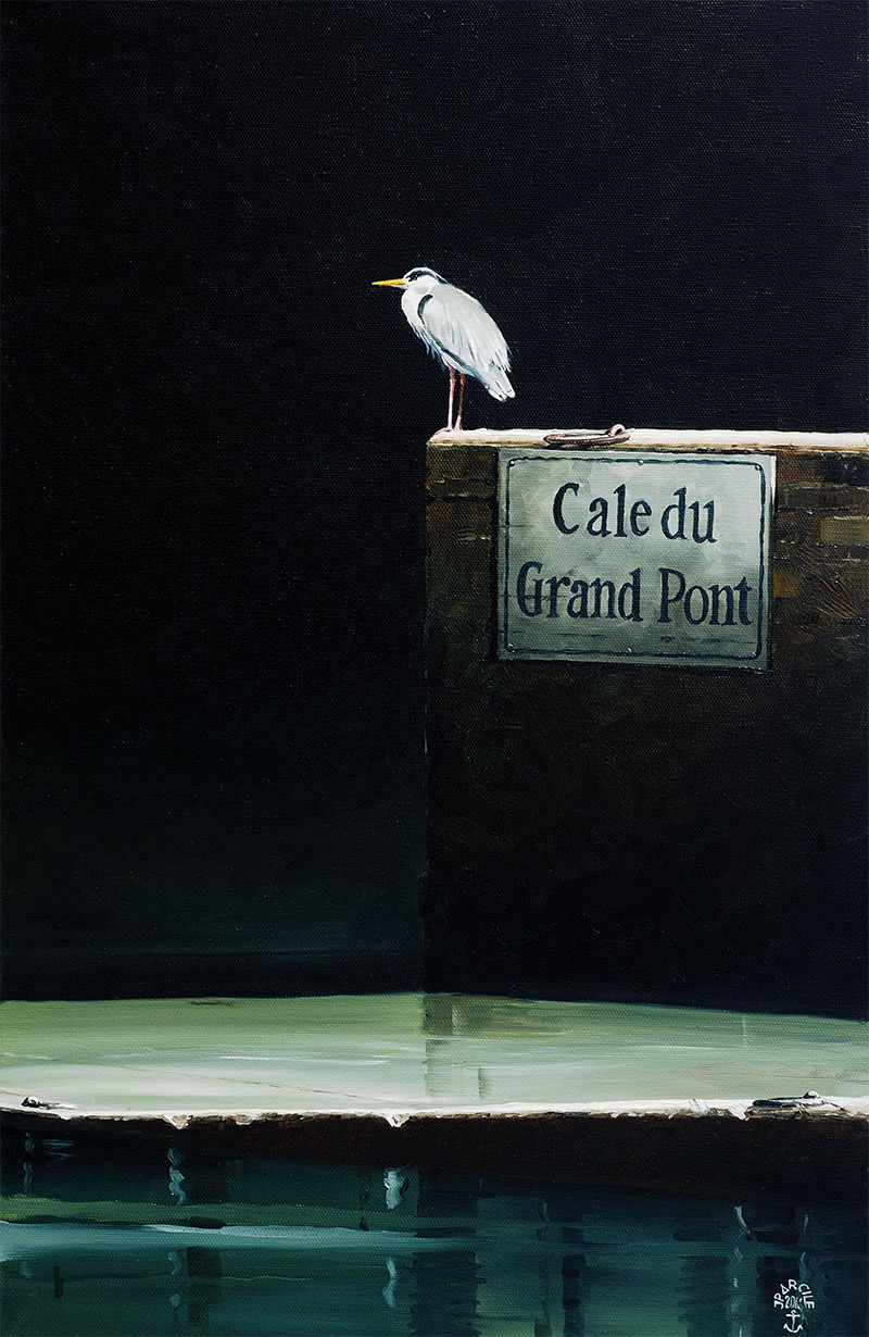 Réf. H-16.028 - Le héron de la cale du Grand Pont, Ile aux Moines. Huile sur toile 38x61 cm - Col. Particulière