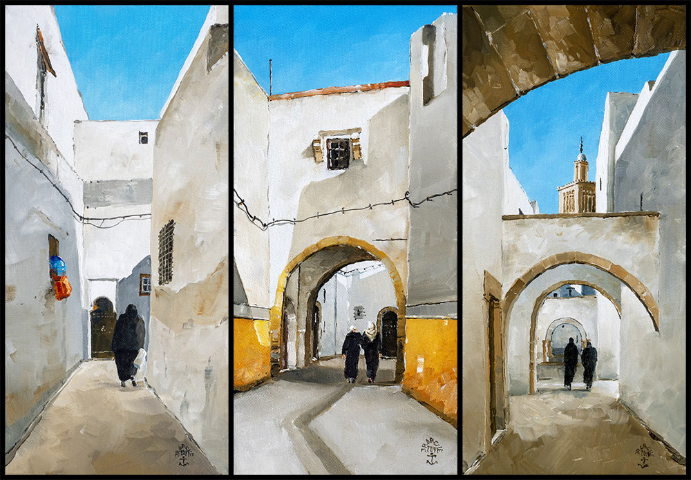 Tryptique nouvelle médina à Casablanca. 3 Huiles sur toile 20x40 cm