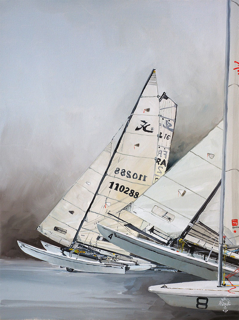 Réf. H-14.036 - Les Hobie-Cat de l'ENVSN. Huile sur toile 46x61 cm - Col. particulière