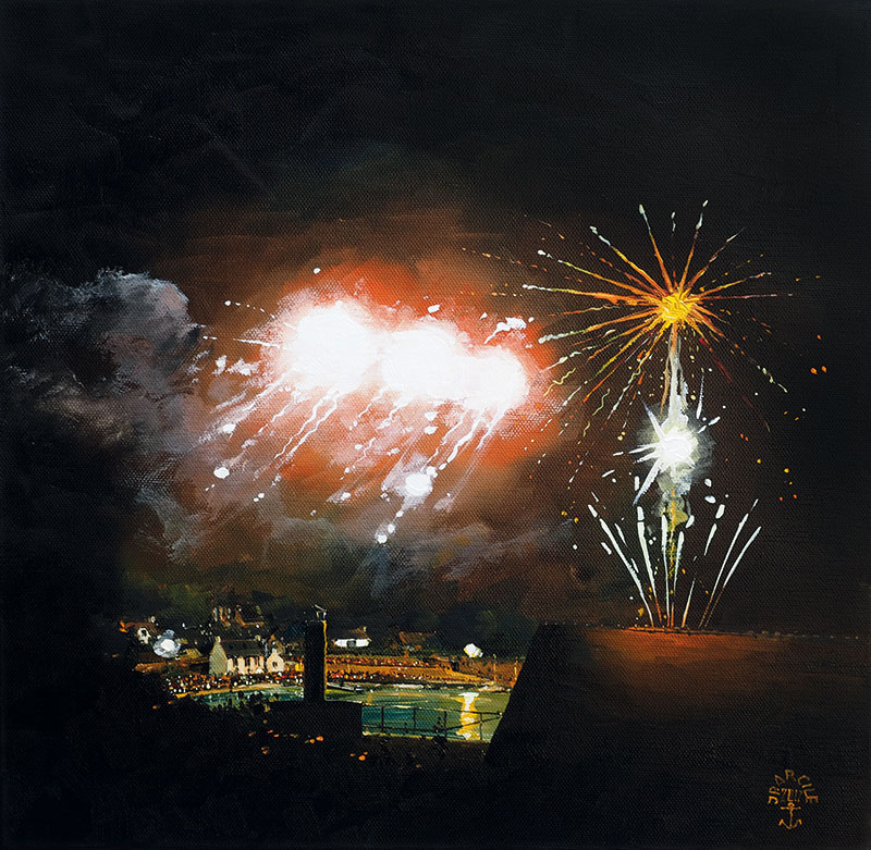 Réf. H-17.059 - Lampions et feu d'artifice au Lério - Ile aux Moines. Huile sur toile 40x40 cm - Col. particulière