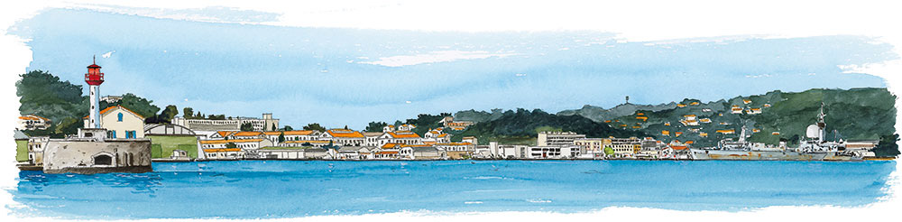 Réf. A-13.048 - CIN St-Mandrier. Le CIN coté entrée nord. Aquarelle 50x20 cm