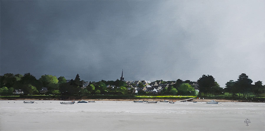 Réf. H-18.023 - Ciel d'orage sur l'île d'Arz. Huile sur toile 80x40 cm - Col. Particulière