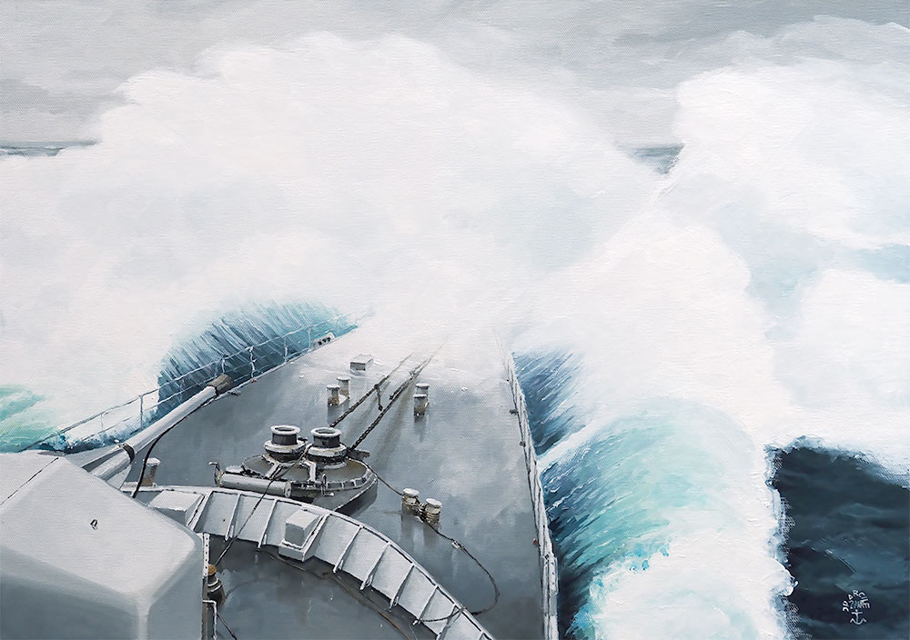 Réf. H-18.053 - Puissance d'une étrave. Le "Primauguet" en mer de Norvège. Huile sur toile 65x46 cm