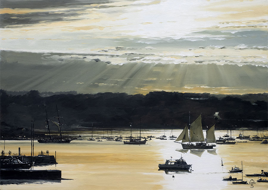 Réf. H-19.038 - Contre jour de fin de journée pendant la Semaine du Golfe. Ile aux Moines. Huile sur toile 65x46 cm - Col. Particulière