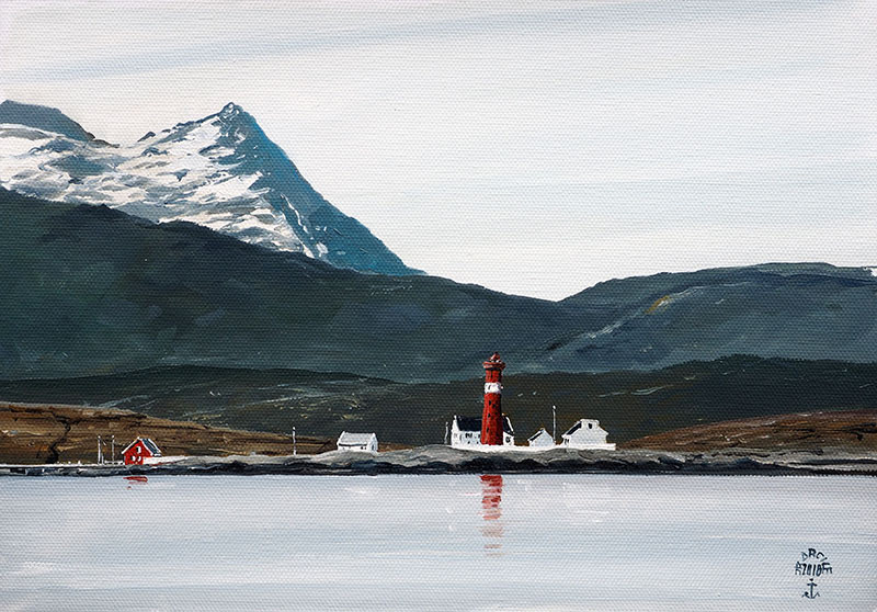 Réf. H-18.042 - Phare dans le fjord de Navik (Norvège). Huile sur toile 32x22 cm - Col. particulière