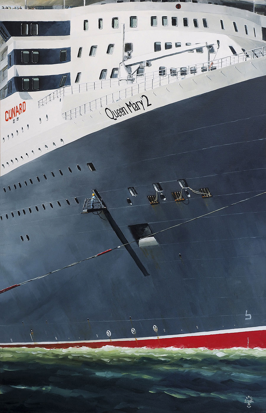 Réf. H-18.007 - Le "Queen Mary 2" sous remorque - St-Nazaire. Huile sur toile 60x92 cm - Col. particulière