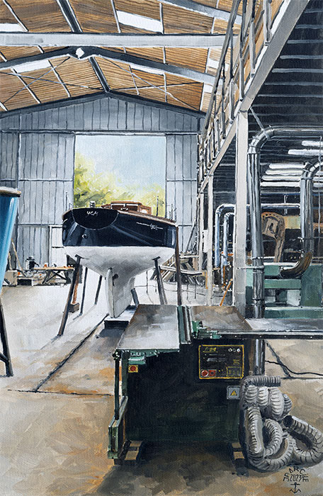 Réf. H-23.028 - La dégauchisseuse du Chantier du Guip. Ile aux Moines. Huile sur toile 27x41 cm - Col. particulière