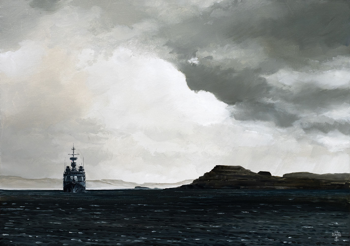 H-23.006 - Une frégate de surveillance aux Kerguelen. Archipel des Kerguelen. Huile sur toile 65x46 cm. 1450 €