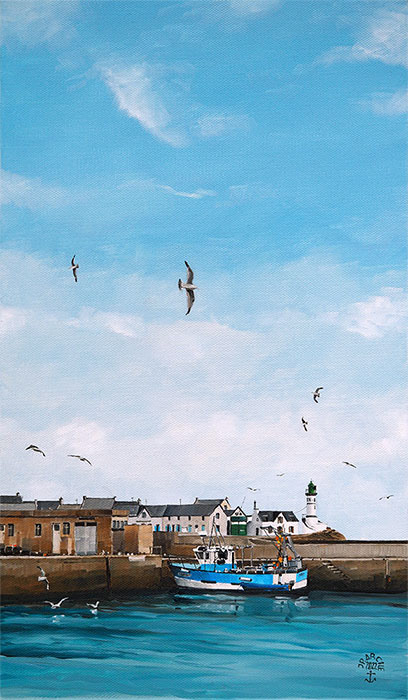 Réf. H-22.025 - A quai à l'île de Sein. Huile sur toile 27x46 cm  - Col. particulière