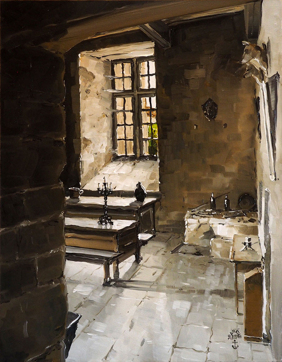 Réf. H-17.020 - Fenêtre de la cuisine  du château de Flamaren, Gers. Huile sur toile 50x65 cm - 1500 €. Huile sur toile 50x65 cm - 1500 €
