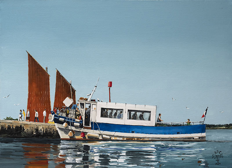 Réf. H-20.010 - L'Île aux Moines" à Port-Blanc en compagnie d'un sinago en 1988. Huile sur toile 46x33 cm - Col. particulière