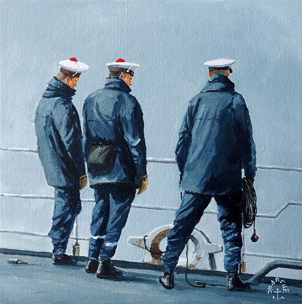 Réf. H-18.058 - En attente de lancer la touline, plage avant du "Primauguet". Huile sur carton 20x20 cm - Col. particulière