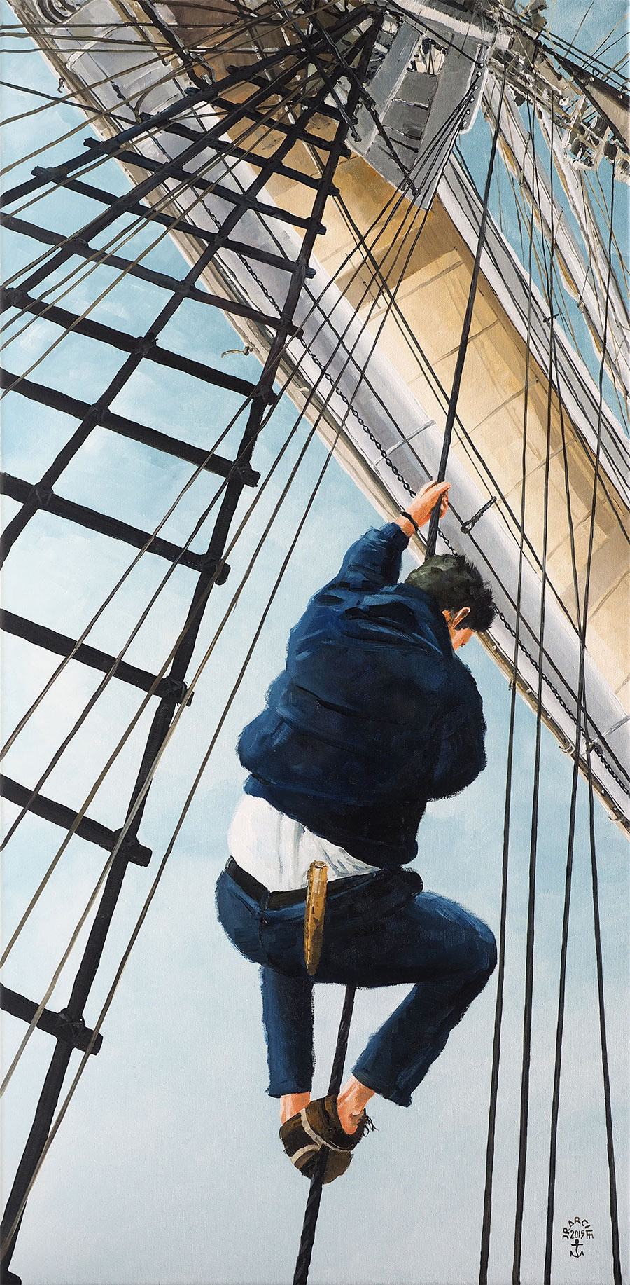 Pour le livre des 120 ans du Bélem - Réf. H-15.056 - Gabier descandant du mât sur le Belem. Huile sur toile 50x73 cm