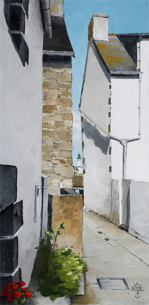 Réf. H-22.037 - Les fleurs rue Gradlon, île de Sein. Huile sur toile 20x40 cm - Col. particulière