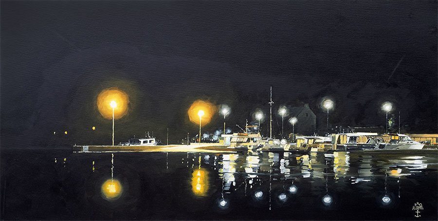 Réf. H-19.034 - Une nuit au port. Ile aux Moines. Huile sur toile 80x40 cm - Col. Particulière