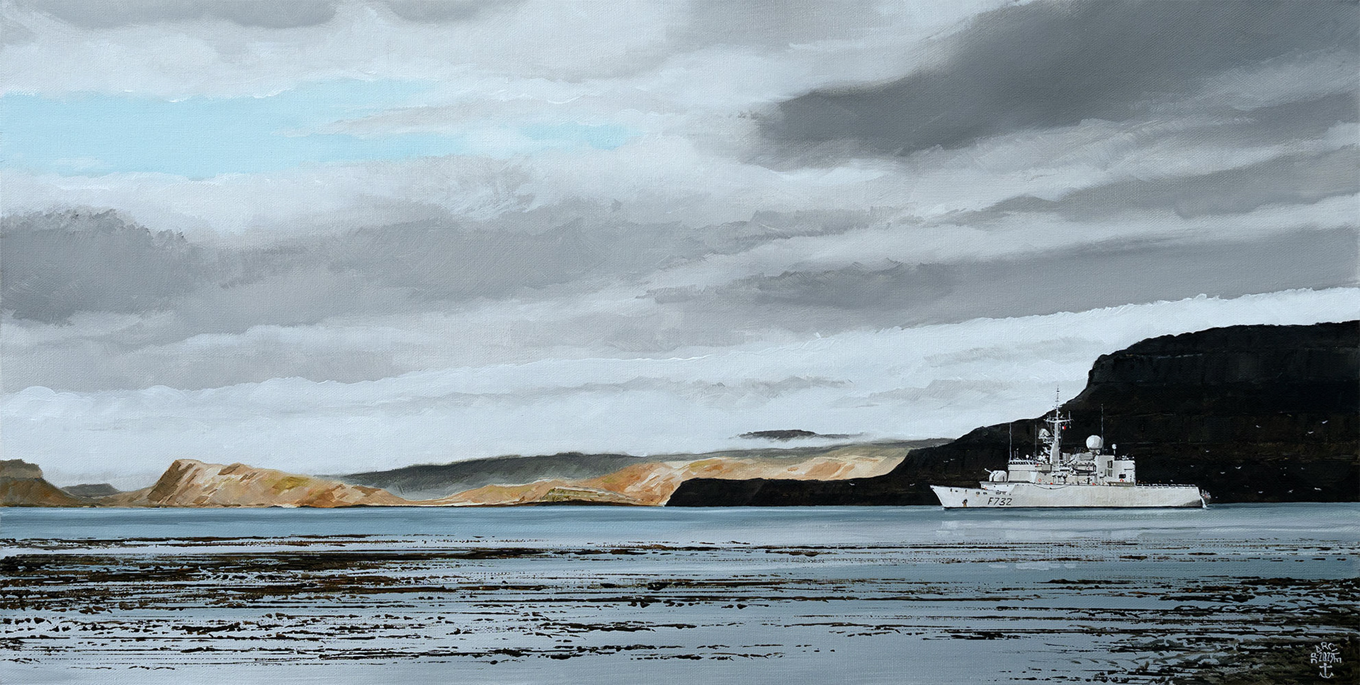 H-23.004 - La frégate de surveillance "Nivôse" au mouillage à Port-Couvreux. Archipel des Kerguelen. Huile sur toile 80x40 cm. 1400 €