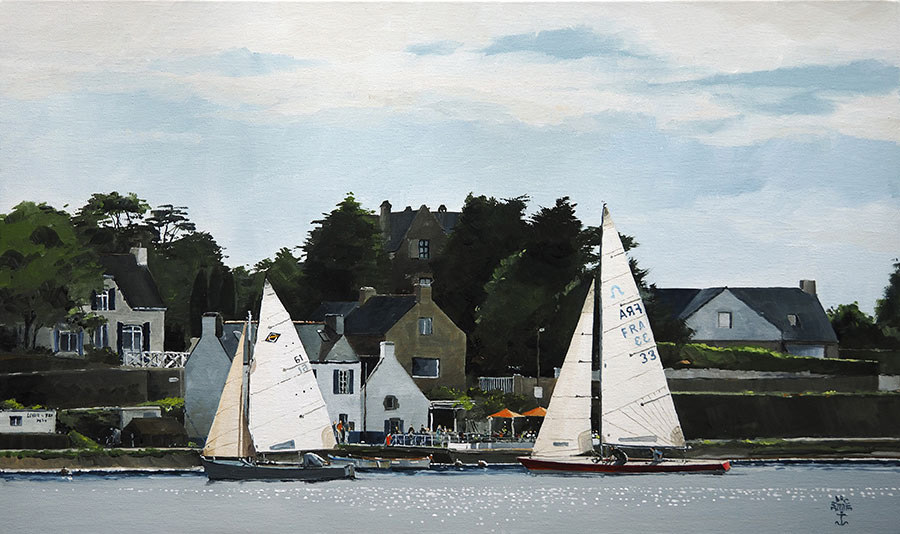 Réf. H-21.014 - Arrivée sous voile pour l'apéro. Huile sur toile 55x33 cm - Col. Particulière