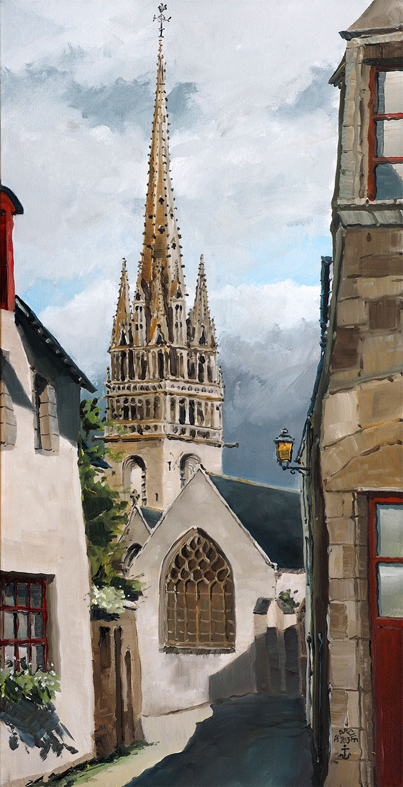 Réf. H-15.051 - Collégiale Notre-Dame de Roscudon à Pont-Croix (Cap Sizun). Huile sur toile 40x80 cm