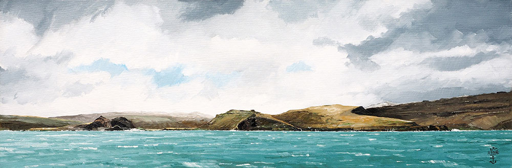 Réf. H-17.013 - La baie des américains sur l'île de la Possession. Archipel de Crozet. Huile sur toile 90x30 cm - 1500 €