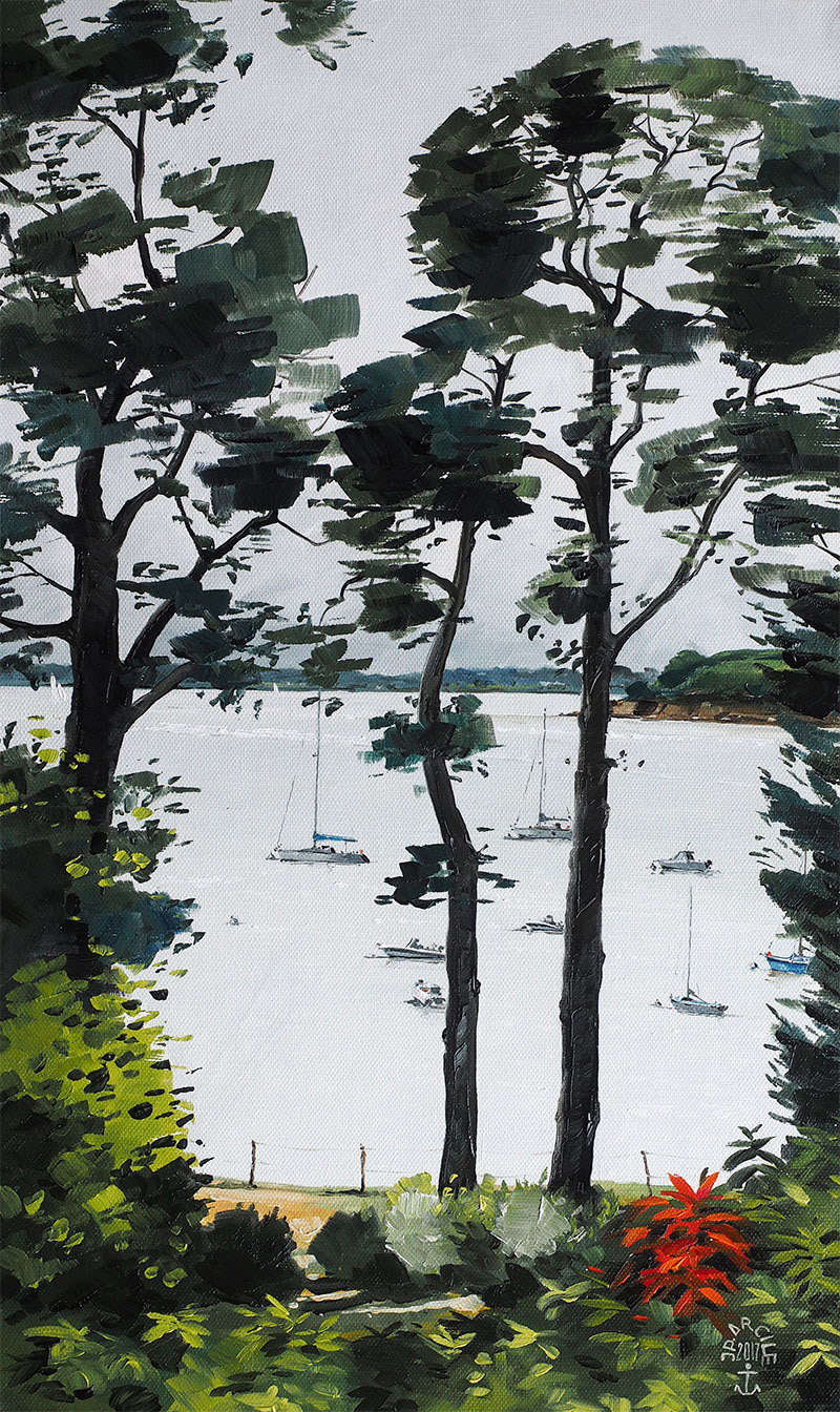 Réf. H-17.053 - Entrevue au Bois Martin - Ile aux Moines. Huile sur toile 33x55 cm - Col. particulière