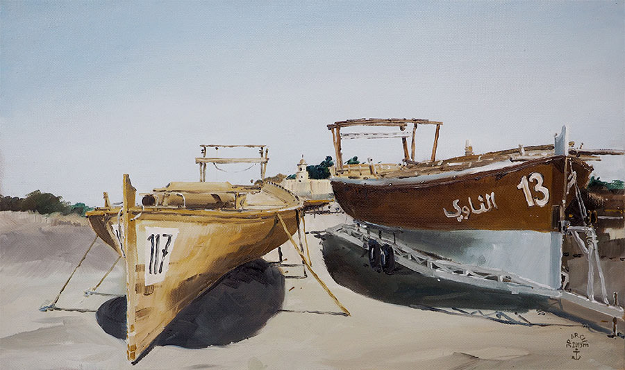 Réf. H-15.003 - Bateaux de régate dans le port de pêche d'Abu Dhabi (Émirats Arabes Uni). Huile sur toile 55x33 cm